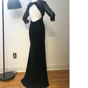 Stunning Le Chateau black formal gown summer dress sheer mesh embossed drapes
